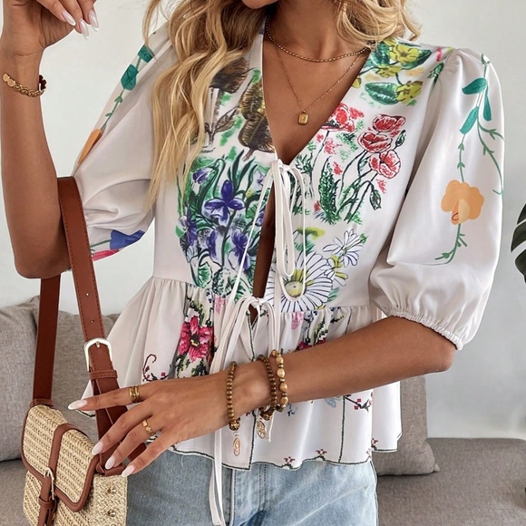 Boho Floral Print Front Tie Puff Sleeve Blouse - Picture 3 of 4